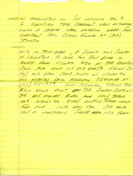 Notes for the Iowa Birdline update for December 4, 1989. Highlights include Common Redpoll sightings and several raptor reports.