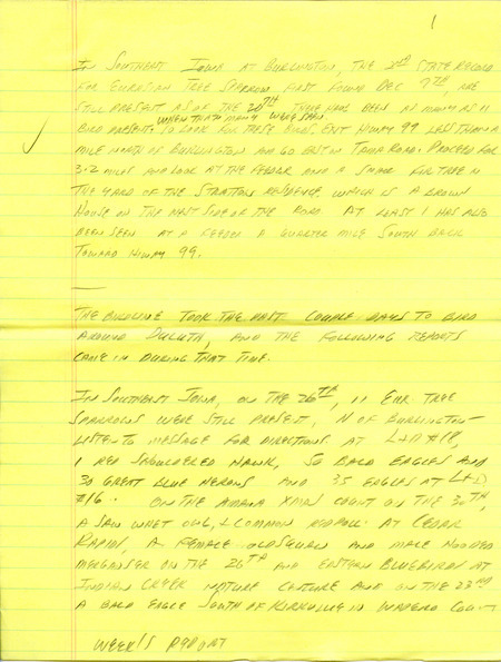 Notes for the Iowa Birdline update for December 25, 1989. Highlights include Prairie Falcons, a Snowy Owl and the continued presence of Townsend's Solitaires and Eurasian Tree Sparrows.