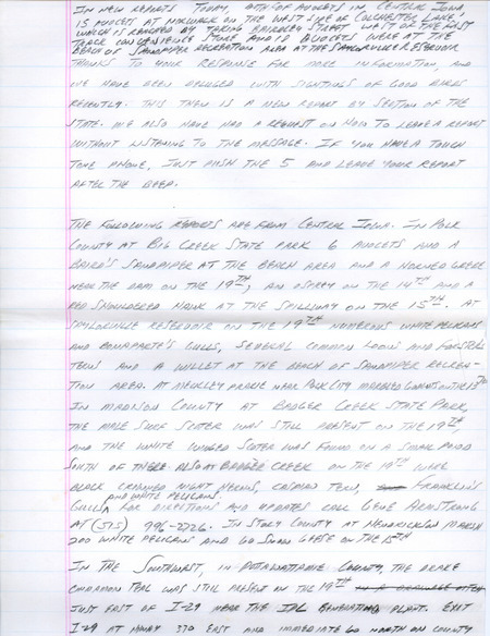 Notes for the Iowa Birdline update for April 20, 1990. Highlights of the update include sightings of a Le Conte's Sparrow, a Henslow's Sparrow, a drake Cinnamon Teal, American Avocets, and 5 Broad-winged Hawks. Also of note were observations of several species of shorebirds as well as numerous reports of American White Pelicans.