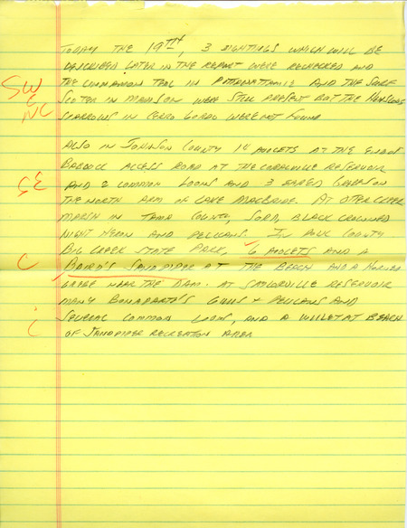 Notes for the Iowa Birdline update for April 16, 1990. Highlights of the update include sightings of a Baird's Sandpiper, a Le Conte's Sparrow, a Long-tailed Duck, a Red-shouldered Hawk, and Cattle Egrets. Also of note was the beginning of passerine and shorebird migration, with several new migrants being reported, including a Brown Thrasher, a Purple Martin, and Savannah Sparrows.