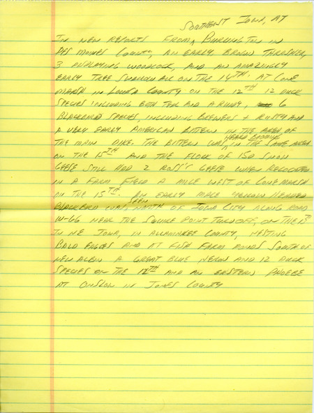 Notes for the Iowa Birdline update for March 12, 1990. Highlights of the update include sightings of waterfowl, Blackbirds, Bluebirds, Robins, Meadowlarks, and Killdeer being reported from all across the state. Also of note were observations of an Iceland Gull and a Red-necked Grebe.