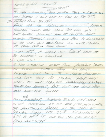 Email of the Iowa Birdline update for December 10, 1990. Highlights of the update include the continued presence of a Yellow Grosbeak and sightings of Black-legged Kittiwakes and Bohemian Waxwings. Also included are handwritten notes with a sighting of several thousand Gulls at Lake Red Rock and a report of very unusual appearance of a Hepatic Tanager in Pleasant Valley.