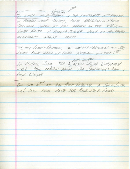 Email of the Iowa Birdline update for December 3-6, 1990. Highlights of the update include sightings of an immature male Yellow Grosbeak, a female Merlin, a Harris' Sparrow, and White-winged Scoters. Also included are handwritten notes for the next week's update with sightings of a Carolina Wren and continued presence of 2 first winter Black-legged Kittiwakes.