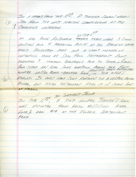 Notes for the Iowa Birdline update circa November 6, 1990. Highlights of the notes include sightings of Tundra Swans, Snow Buntings, American Pipits, and a large number of waterfowl. Also of note was a first winter Lesser Black-backed Gull and a first winter Thayer's Gull.