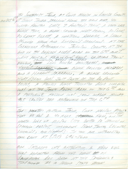 Iowa Birdline update for October 8, 1990. Highlights of the update include the continued presence of a California Gull, a Yellow Rail, and a Scissor-tailed Flycatcher. Also of note were sightings of a very late Black Tern, a female Black-throated Blue Warbler, and numerous shorebirds and waterfowl. Also included is an update on the sighting of two rare birds, a Sharp-tailed Sandpiper and a Mew Gull.