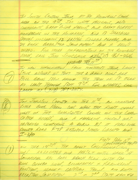 Iowa Birdline update for September 10, 1990. Highlights of the update include sightings of a California Gull, Red Knots, a Parasitic Jaeger, Red-necked Phalaropes, and Snowy Egrets. Also of note were the sightings of an immature Little Blue Heron, a Laughing Gull, and Barn Owls, as well as observations of numerous shorebirds and Warblers.