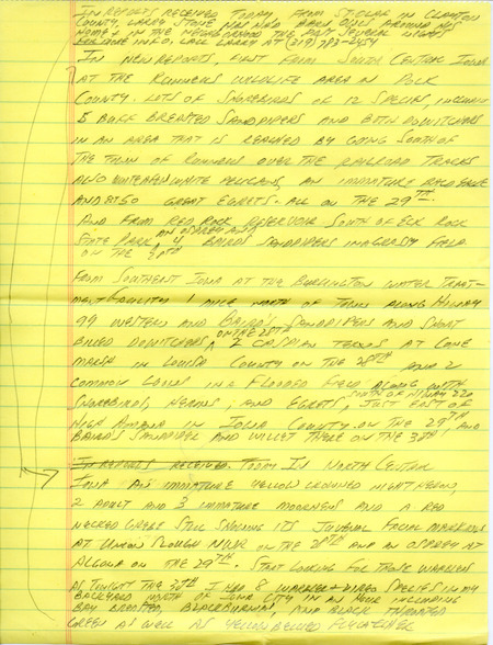 Iowa Birdline update for August 27, 1990. Highlights of the update include sightings of Barn Owls, an immature Bald Eagle, Peregrine Falcons, and a family of Blue Grosbeaks. Also of note were the large numbers of shorebirds, Herons, Egrets, and Warblers.