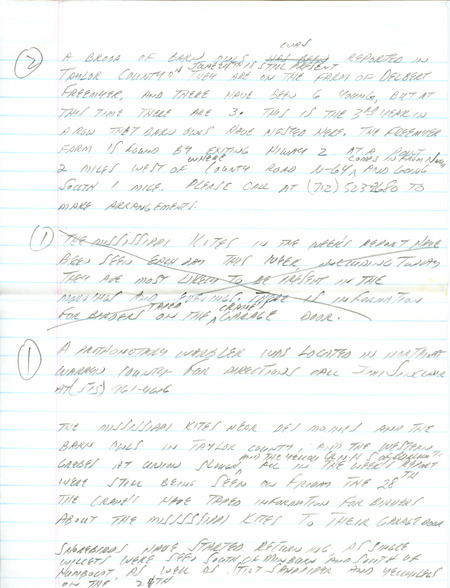 Email of the Iowa Birdline update for June 24, 1991. Highlights include a pair of Mississippi Kites, and all the targeted specialities being seen during an Iowa Ornithologists' Union field trip. Includes hand written notes in preparation for next week's update.