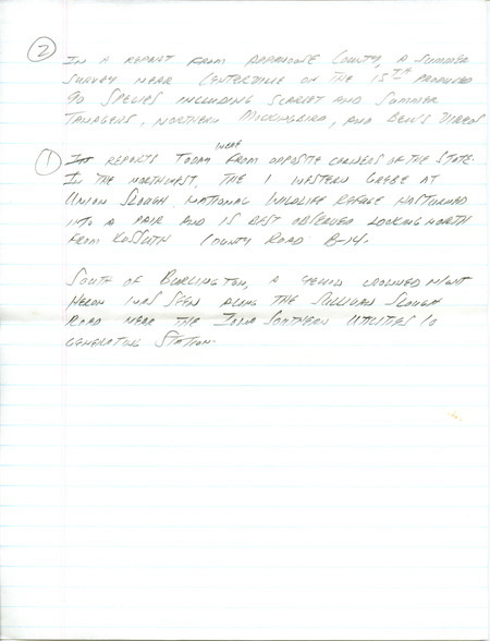 Email of the Iowa Birdline update for June 17, 1991. Highlights include information from a prairie exploration trip around Iowa and the observation that many breeding birds are currently on nest. Includes hand written notes in preparation for next week's update.