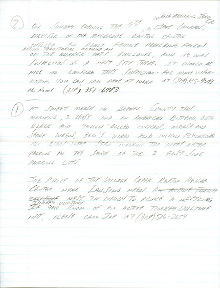 Email for the Iowa Birdline update for June 10, 1991. Highlights include a singing Bewick's Wren and Carolina Wren. Includes hand written notes in preparation for next week's update.