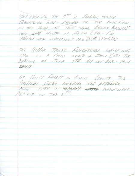 Email of the Iowa Birdline update for June 3, 1991. Highlights include the conclusion of the spring migration except for many shorebirds, White-rumped Sandpipers in particular. Includes hand written notes in preparation for next week's update.