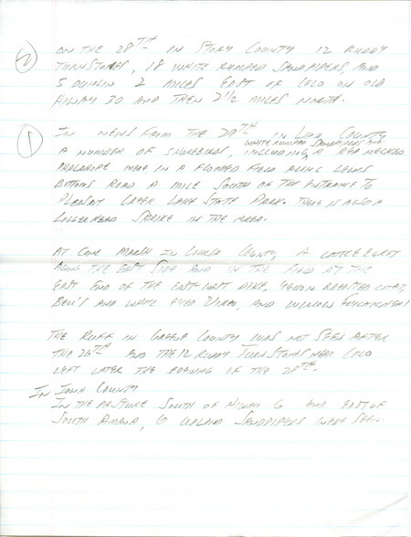 Email of the Iowa Birdline update for May 27, 1991. Highlights include spring migration winding down with late warblers and sightings of a Ruff and Western Kingbirds. Includes hand written notes in preparation for next week's update.