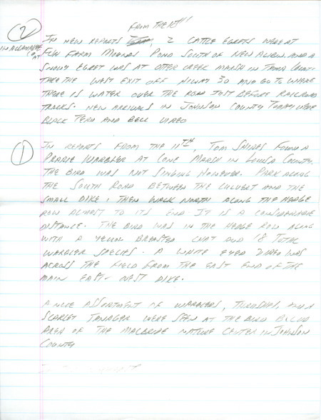 Email of the Iowa Birdline update for May 6, 1991. Highlights include a Tricolored Heron and several new arrivals particularly in the southeast part of the state. Includes hand written notes in preparation for next week's update.