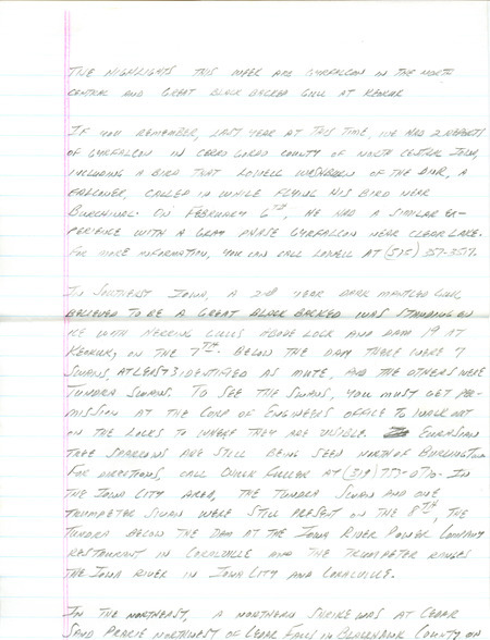 Notes for the Iowa Birdline update for February 11, 1991. Highlights include a Gyrfalcon and a Great Black-backed Gull.