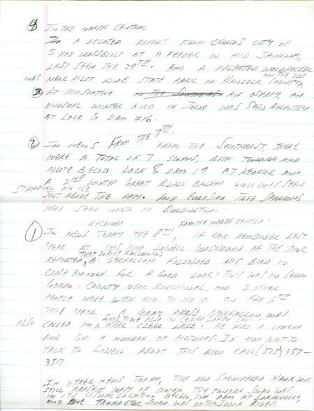 Email of the Iowa Birdline update for February 4, 1991. Highlights include reports of owls, swans and eagles. Includes hand written notes in preparation for next week's update.