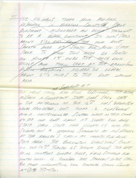 Email of Iowa Birdline updates for December 9, 1991. The highlights for the update include sightings of White-winged Crossbills, Great Black-backed Gull, several Eurasian Tree Sparrows, an adult Mute Swan, immature Golden Eagle and an overwintering Great Blue Heron. Also included are handwritten notes with sightings of several species of Gulls, and a Short-eared Owl.