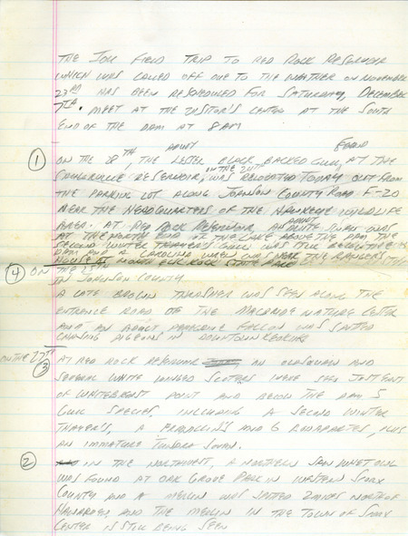 Email of Iowa Birdline updates for November 25, 1991. The highlights for the update include sightings of a White-winged Scoter, Long-tailed Duck, Glaucous, Thayer's and Lesser Black-backed Gulls. Also included are handwritten notes with sightings of a Northern Saw-whet Owl, Brown Thrasher and a Merlin.