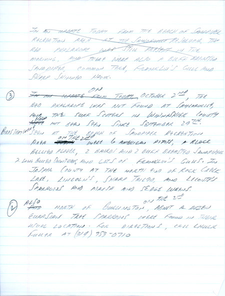 Email of Iowa Birdline updates for October 7, 1991. The highlights for the update include the sighting of a Groove-billed Ani. Also included are handwritten notes with sightings of Western Grebes, American White Pelicans, Chimney Swifts and six American Pipits.
