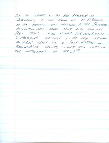 Email of Iowa Birdline updates for September 23-26, 1991. The highlights for the update include sightings of Turkey Vultures, Northern Flickers, three Black-bellied Plovers and two Yellow Rails. Also included are handwritten notes with sightings of a Red Phalarope and two Peregrine Falcons.
