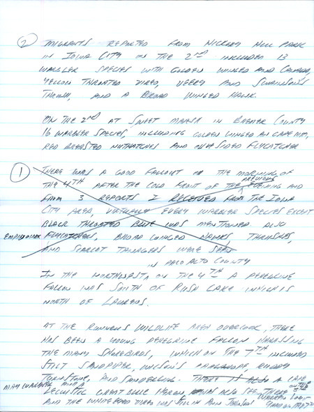 Email of Iowa Birdline updates for September 2, 1991. The highlights for the update include sightings of Western Grebes, a Piping Plover and Red-necked Phalaropes. Also included are handwritten notes with sightings of a Golden-winged Warbler, Yellow-throated Vireo and a Broad-winged Hawk.
