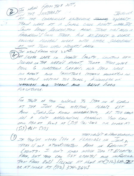 Email of Iowa Birdline updates for August 19, 1991. The highlights for the update include sightings of a Merlin, a family of Swainson's Hawks and many Black Terns. Also included are handwritten notes with sightings of an immature and adult Common Moorhen and two Black-bellied Plovers.