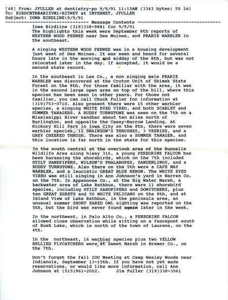 Email of Iowa Birdline updates for September 9, 1991. The highlights for the update include sightings of a singing Western Wood-Pewee, a male Prairie Warbler and fifteen other Warbler species.