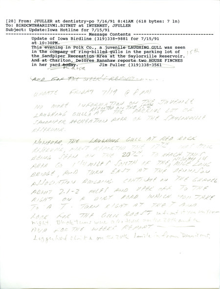 Email of Iowa Birdline updates for July 15, 1991. The highlights for the update include sightings of Least Terns, Piping Plovers, Mississippi Kites, and five Barn Owls. Also included are handwritten notes with sightings of a Laughing Gull and several Black Terns.