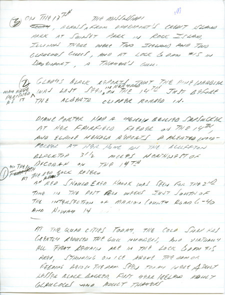Email of Iowa Birdline updates for January 13, 1992. The highlights for the update include sightings of an adult Great Black-backed Gull, Lesser Black-backed Gull, Glaucous Gull and other gull species. In addition to the gulls there were Common Redpolls and two adult Tundra Swans. Also included are handwritten notes with sightings of a Red-shouldered Hawk and a Yellow-bellied Sapsucker.