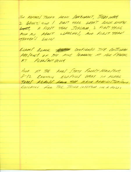 Email of Iowa Birdline updates for February 3, 1992. The highlights for the update include sightings of a Herring Gull, Ring-billed Gull, an adult Great Black-backed Gull and two adult Peregrine Falcons. Also included are handwritten notes with sightings of Common Redpolls and a Red-breasted Nuthatch at a feeder in Davenport.