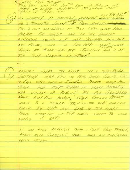 Email of Iowa Birdline updates for December 28, 1992. The highlights for the update include sightings of a Snowy Owl, Townsend's Solitaire and four Yellow-rumped Warblers. Also included are handwritten notes with sightings of two Northern Saw-whet Owls, two Trumpeter Swans and a White-winged Crossbill.
