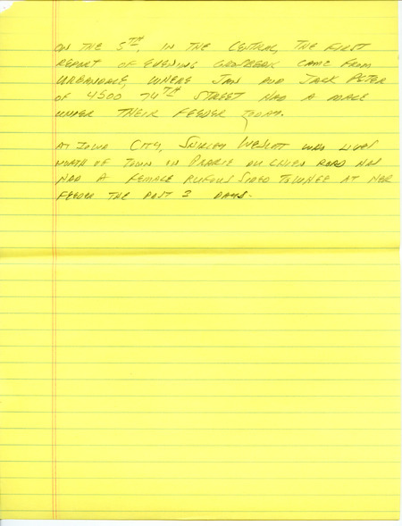 Email of Iowa Birdline updates for November 30, 1992. The highlights for the update include sightings of two Short-eared Owls and two Long-eared Owls, a very late Common Yellowthroat and a late American Golden-Plover. Also included are handwritten notes with sightings of a Northern Goshawk that returned to the northside Marion neighborhood for the seventh straight day and two first year Thayer's Gulls below the Red Rock Dam.