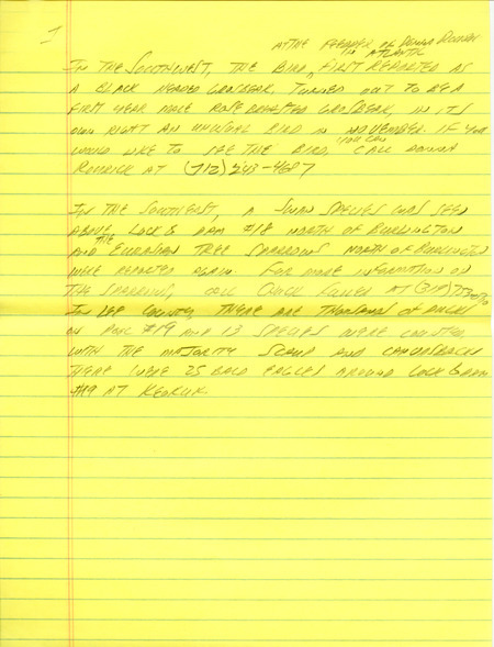 Email of Iowa Birdline updates for November 23, 1992. The highlights for the update include sightings of a Black Scoter, a flock of Red Crossbills and an exotic pair of Ringed Turtle-Doves, Also included are handwritten notes with sightings of 25 Bald Eagles at Lock Number 19 at Keokuk and a Ross' Goose among the waterfowl at Bay Branch.