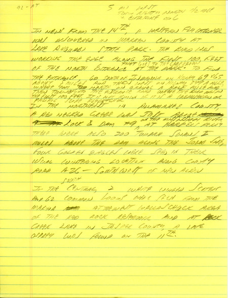 Email of Iowa Birdline updates for November 9, 1992. The highlights for the update include sightings of Bald Eagles and Common Loons, and waterfowl returning to the state on their way south. Also included are handwritten notes with sightings of eight species of Shore-birds at Rathbun Lake and a Ross' Goose that has been in with the same Mallards for a month at Morrison Park.