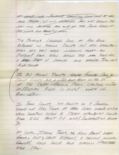 Email for the Iowa Birdline update for July 20, 1992. Highlights of the update include sightings of a juvenile Laughing Gull, Little Blue Heron and 40 American White Pelicans. Also included are handwritten notes for the next week's update with sightings of three Least Bitterns and two Common Moorhen families.