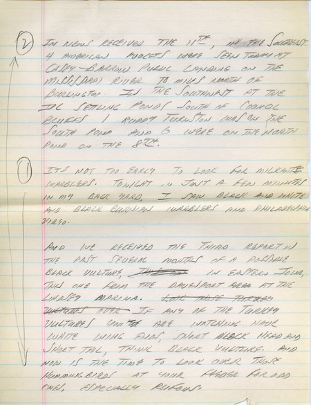 Email for the Iowa Birdline update for August 10, 1992. Highlights of the update include sightings of the continued presence of the juvenile Laughing Gull and two Western Grebes. Also included are handwritten notes for the next week's update with sightings of a possible Black Vulture and a confirmed sighting of a Ruddy Turnstone.