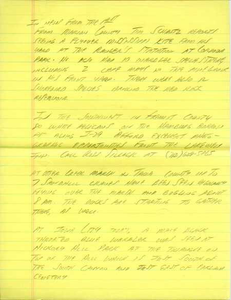 Email for the Iowa Birdline update for August 31, 1992. Highlights of the update include sightings of twenty American Golden-Plovers and an early Broad-winged Hawk. Also included are handwritten notes for the next week's update with sightings of a flyover Mississippi Kite at Cordova Park and a male Black-throated Blue Warbler at Hickory Hill Park.