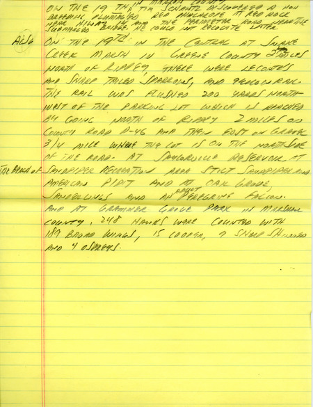 Email for the Iowa Birdline update for September 14, 1992. Highlights of the update include sightings from the fall IOU meeting, a Black-throated Blue Warbler, Cape May Warbler, American White Pelicans and a good number of raptors, especially Ospreys and Accipiters. Also included are handwritten notes for the next week's update with sightings of a Le Conte's Sparrow, Nelson's Sharp-tailed Sparrow and a Yellow Rail.