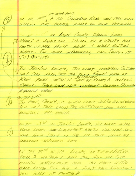 Email of the Iowa Birdline update for December 20, 1993. Highlights include the first reports from the Christmas bird counts. Includes hand written notes in preparation for next week's update.