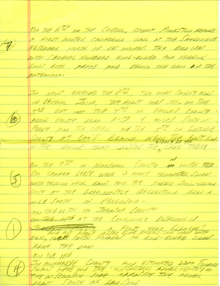 Email of the Iowa Birdline update for December 6, 1993. Highlights include 15 species of waterfowl at Pleasant Creek including Black Scoters, a White-winged Scoter and Long-tailed Ducks. Includes hand written notes in preparation for next week's update.