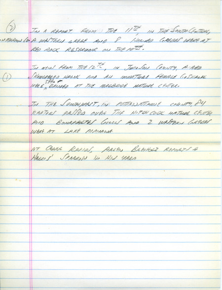 Email of the Iowa Birdline update for October 11, 1993. Highlights include sightings of Red-shouldered Hawk and the end of the early passerine migration and reports of later migrants. Includes hand written notes in preparation for next week's update.