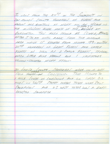 Email of the Iowa Birdline update for August 23, 1993. Highlights include reports of some interesting shorebirds. Includes hand written notes in preparation for next week's update.