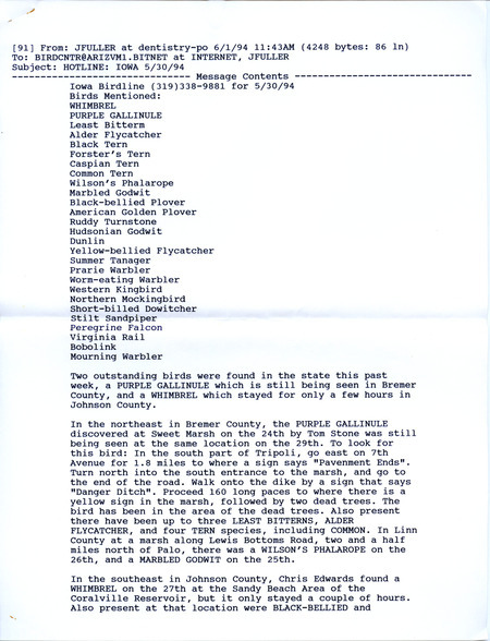 Email for the Iowa Birdline update for May 30, 1994. Highlights include a Purple Gallinule and a Whimbrel.
