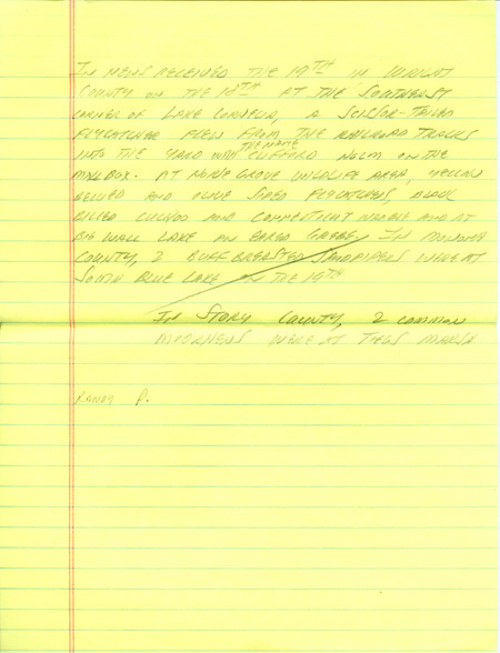 Email for the Iowa Birdline update for May 16, 1994. Highlights include Ruff, Black-headed Grosbeak, Mississippi Kite, Red-necked Phalarope and Red Knot. Includes hand written notes in preparation for next week's update.
