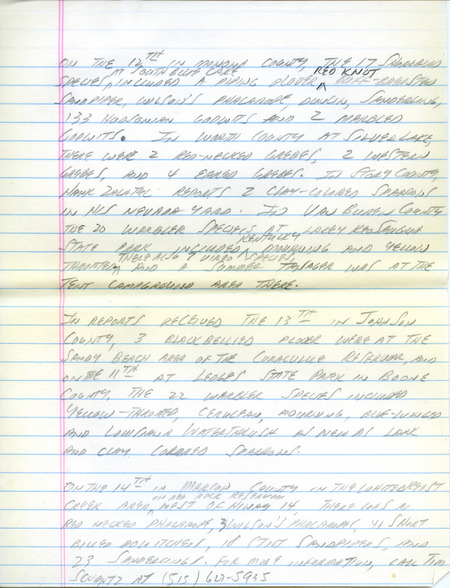 Email for the Iowa Birdline update for May 9, 1994. Highlights include Fish Crow, Marbled Godwit, Prairie Warbler, Henslow's Sparrow and White-faced Ibis. Includes hand written notes in preparation for next week's update.