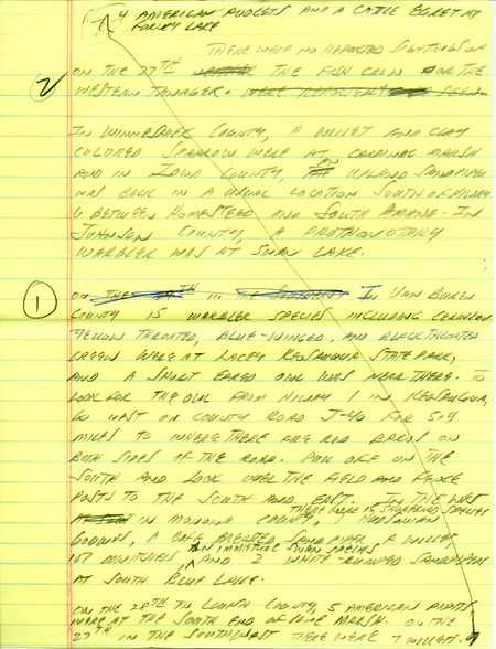 Email for the Iowa Birdline update for April 25, 1994. Highlights include Cinnamon Teal, Marbled Godwit, Piping Plover and passerine migration. Includes hand written notes in preparation for next week's update.