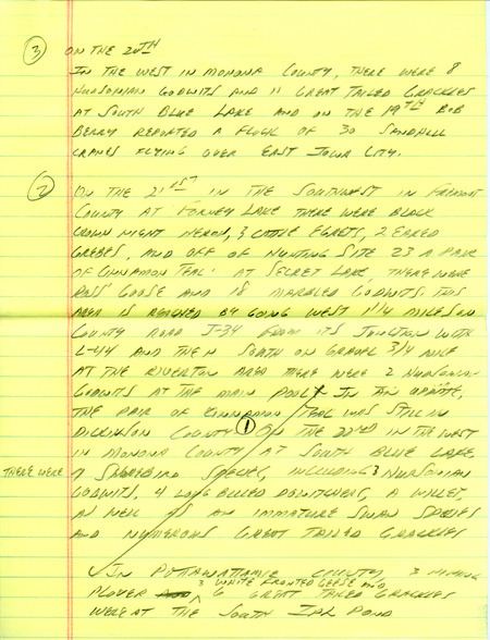 Email for the Iowa Birdline update for April 18, 1994. Highlights include Sprague's Pipit, Yellow-crowned Night Heron, Snowy Egret, Cinnamon Teal and Varied Thrush. Includes hand written notes in preparation for next week's update.