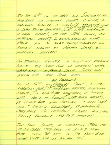 Email for the Iowa Birdline update for April 11, 1994. Highlights include Cinnamon Teal, Sandhill Crane, Black Scoter, Red-necked Grebe and Varied Thrush. Includes hand written notes in preparation for next week's update.