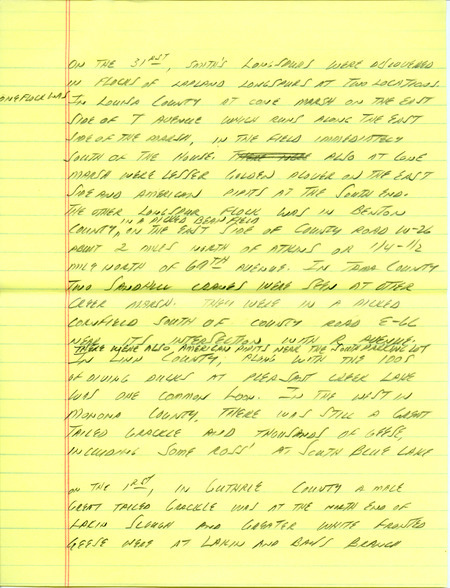 Email for the Iowa Birdline update for March 28, 1994. Highlights include Sandhill Crane, Snowy Owl and Varied Thrush. Includes hand written notes in preparation for next week's update.