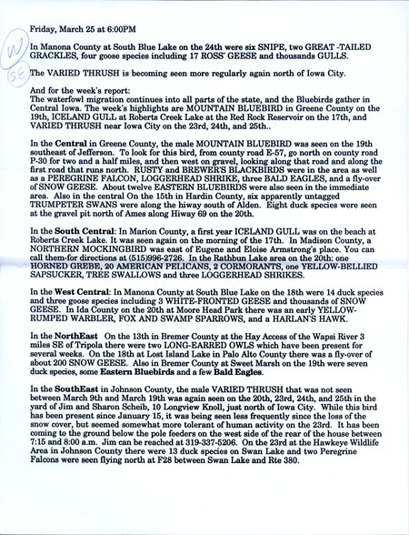 Notes for the Iowa Birdline update for March 25, 1994. Highlights include Mountain Bluebird, Iceland Gull and Varied Thrush.