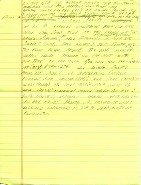 Email for the Iowa Birdline update for March 7, 1994. Highlights include Mountain Bluebird, Greater Prairie-Chicken and Varied Thrush. Includes hand written notes in preparation for next week's update.